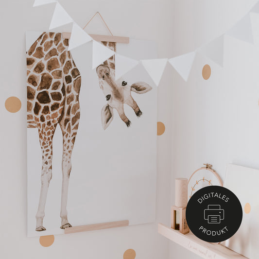 Poster mit Aquarell-Giraffe im Kinderzimmer, digitales Wandbild zum Ausdrucken.