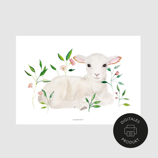 Schlichte Ansicht vom Lamm Poster im Aquarell Stil, gekennzeichnet als digitales Produkt. Blätter und Blüten ranken um das liegende Lamm herum.