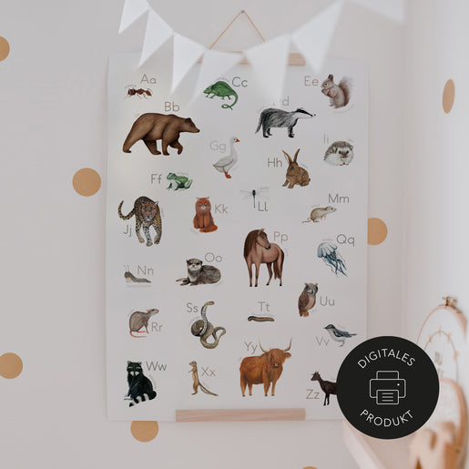 Ansicht vom ABC-Poster im Aquarell Stil in einem Kinderzimmer, im Vordergrund eine Wimpelkette dekoriert. Gekennzeichnet als digitales Produkt.