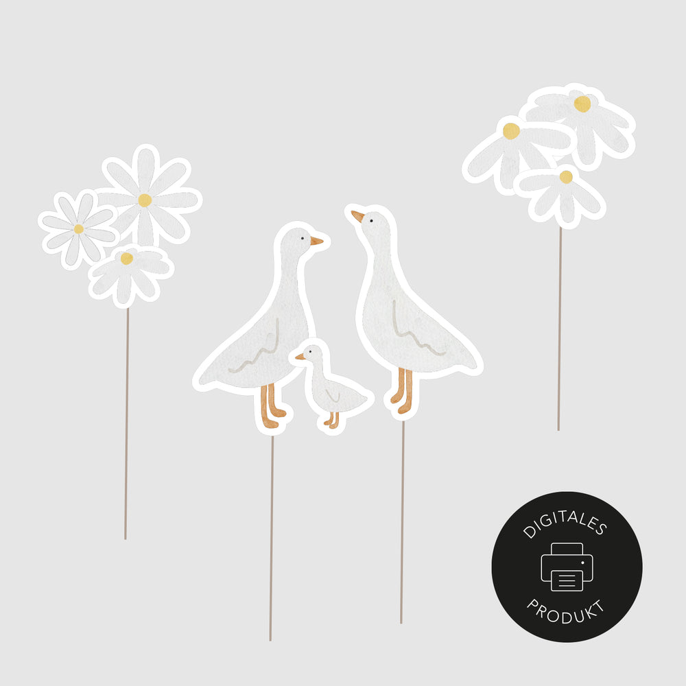 Neutrale Ansicht vom Digitalen Cake Topper "Gänsefamilie" mit Blümchen – Geburtstagsdeko und Partydeko zum Ausdrucken für Torten, liebevoll von Eulenschnitt gestaltet.