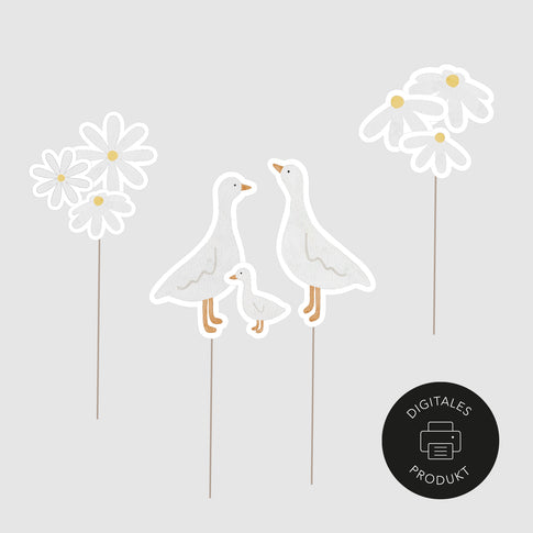 Neutrale Ansicht vom Digitalen Cake Topper "Gänsefamilie" mit Blümchen – Geburtstagsdeko und Partydeko zum Ausdrucken für Torten, liebevoll von Eulenschnitt gestaltet.