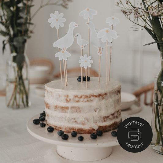 DIY Cake Topper Gänsefamilie mit Gänseblümchen – Digitale Partydeko zum Ausdrucken von Eulenschnitt.