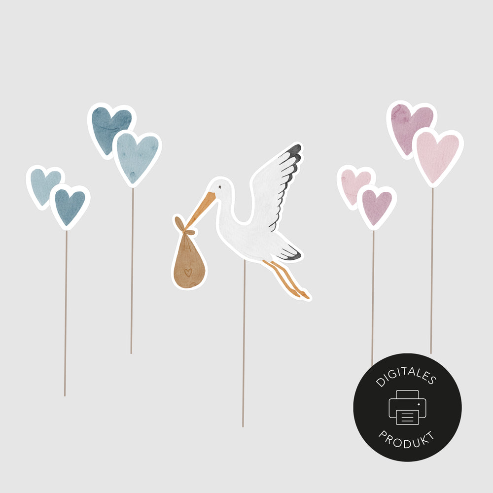 Neutrale Ansicht vom Digitalen Cake Topper "Storch" mit Herzen – Babyparty Deko zum Ausdrucken für Torten, liebevoll von Eulenschnitt gestaltet.