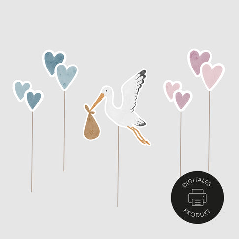 Neutrale Ansicht vom Digitalen Cake Topper "Storch" mit Herzen – Babyparty Deko zum Ausdrucken für Torten, liebevoll von Eulenschnitt gestaltet.