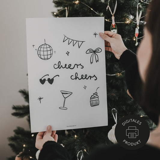 Design Poster mit verschiedenen Illustrationen rund um das Thema cheers und christmas dinner zum Download. 