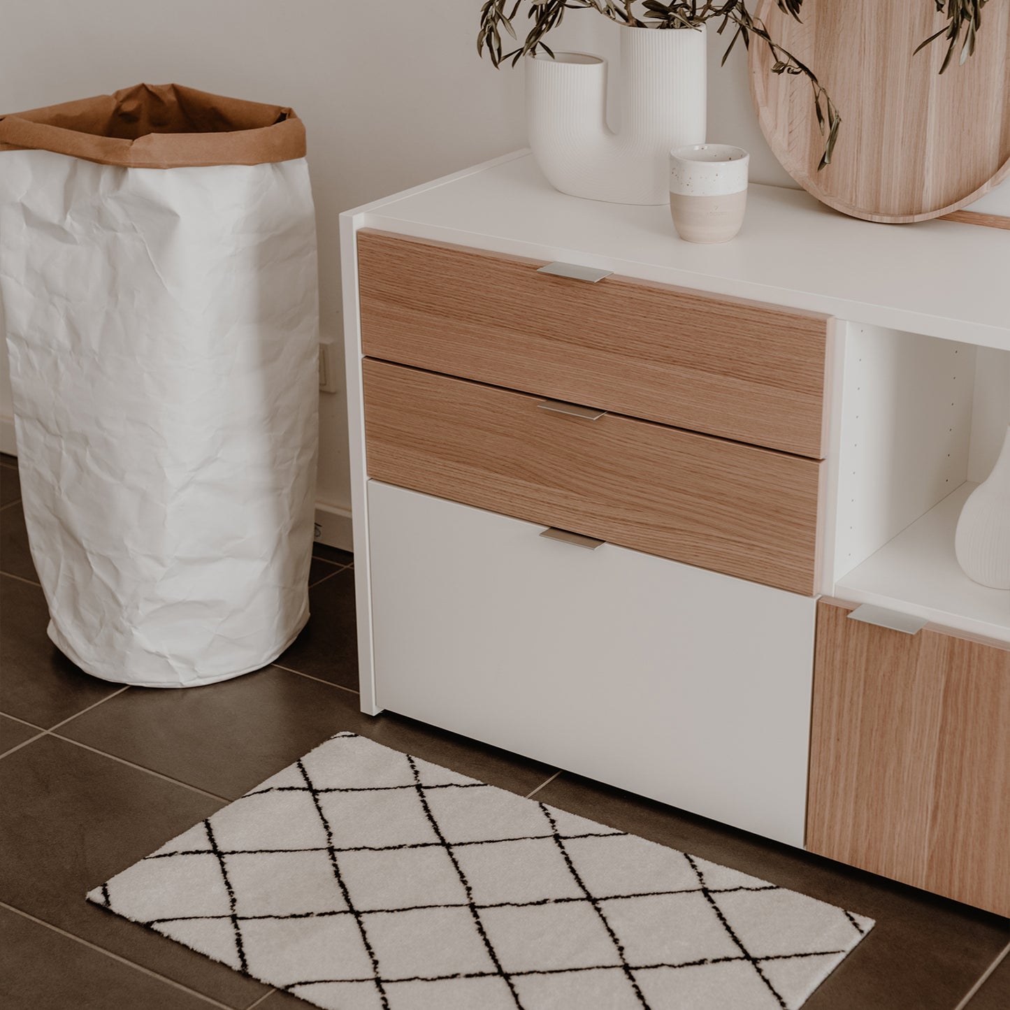 Waschbare Fußmatte Karos Creme