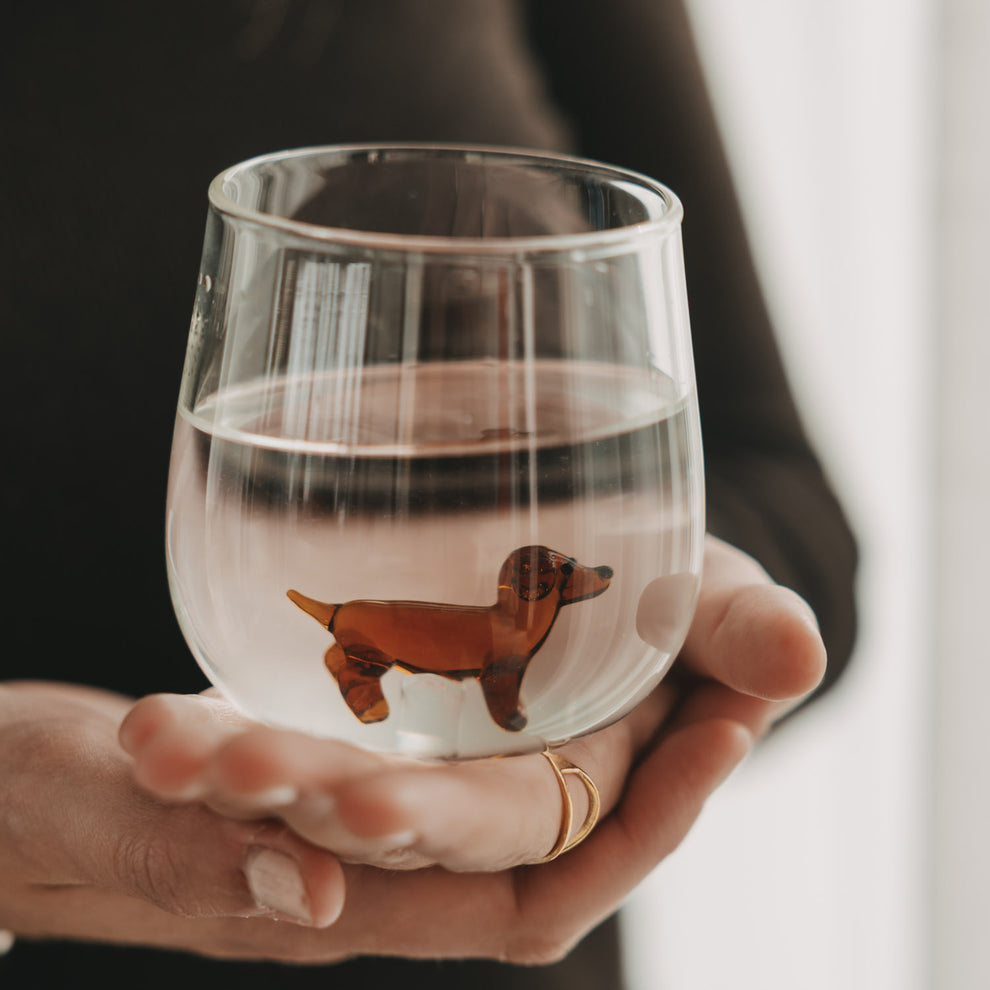 Figurenglas Dackel mit brauner Hundefigur im Glasboden, gefüllt mit Wasser und in Händen gehalten.