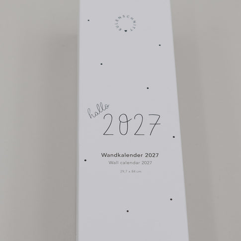 Wandkalender 2027 minimalistisch mit „hallo 2027“ Schrift und Punkten