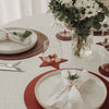 Festlich gedeckter Tisch mit roten Platzsets, Stern-Untersetzer, Gläsern und Blumen