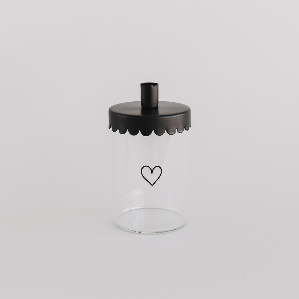 Schwarzer Kerzenhalter Welle auf Vorratsglas mit Herzaufdruck, passend für Mini-Vorratsgläser mit 6 cm Durchmesser.