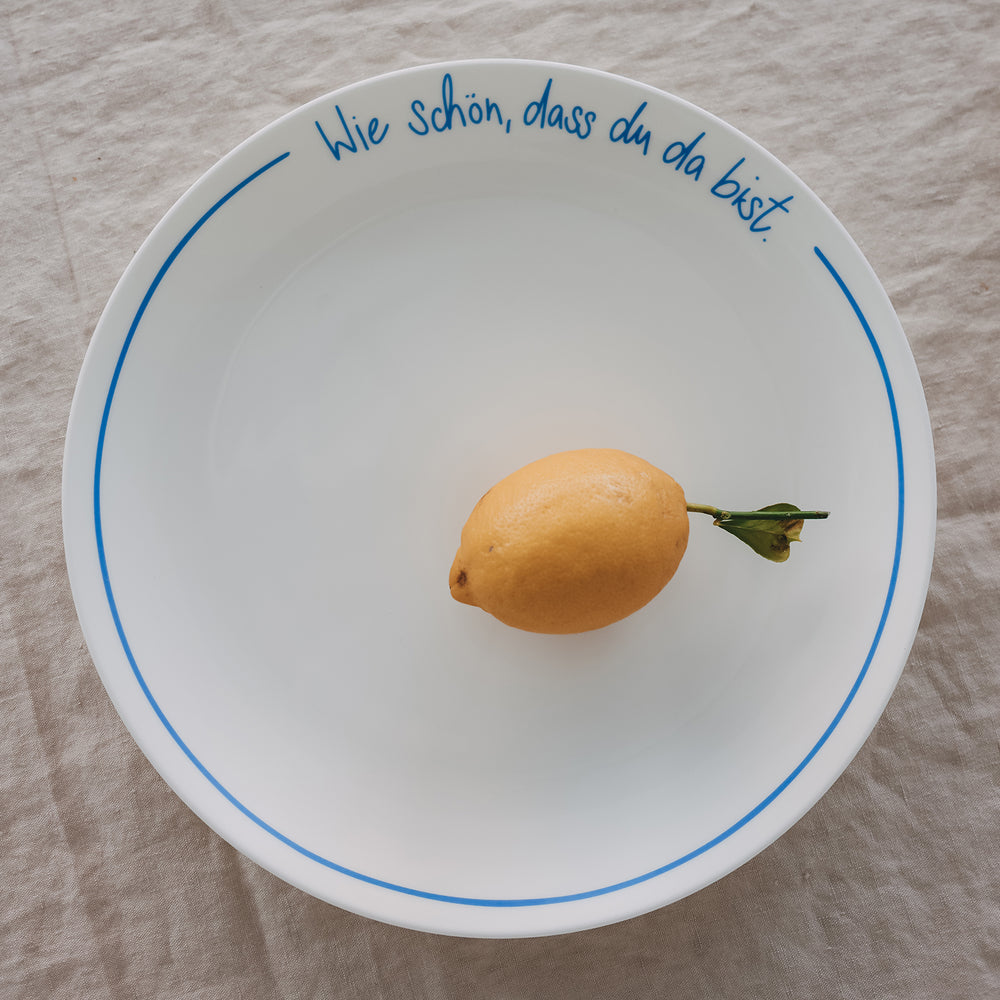 Fine Bone Platzteller hellblau – mit Spruch