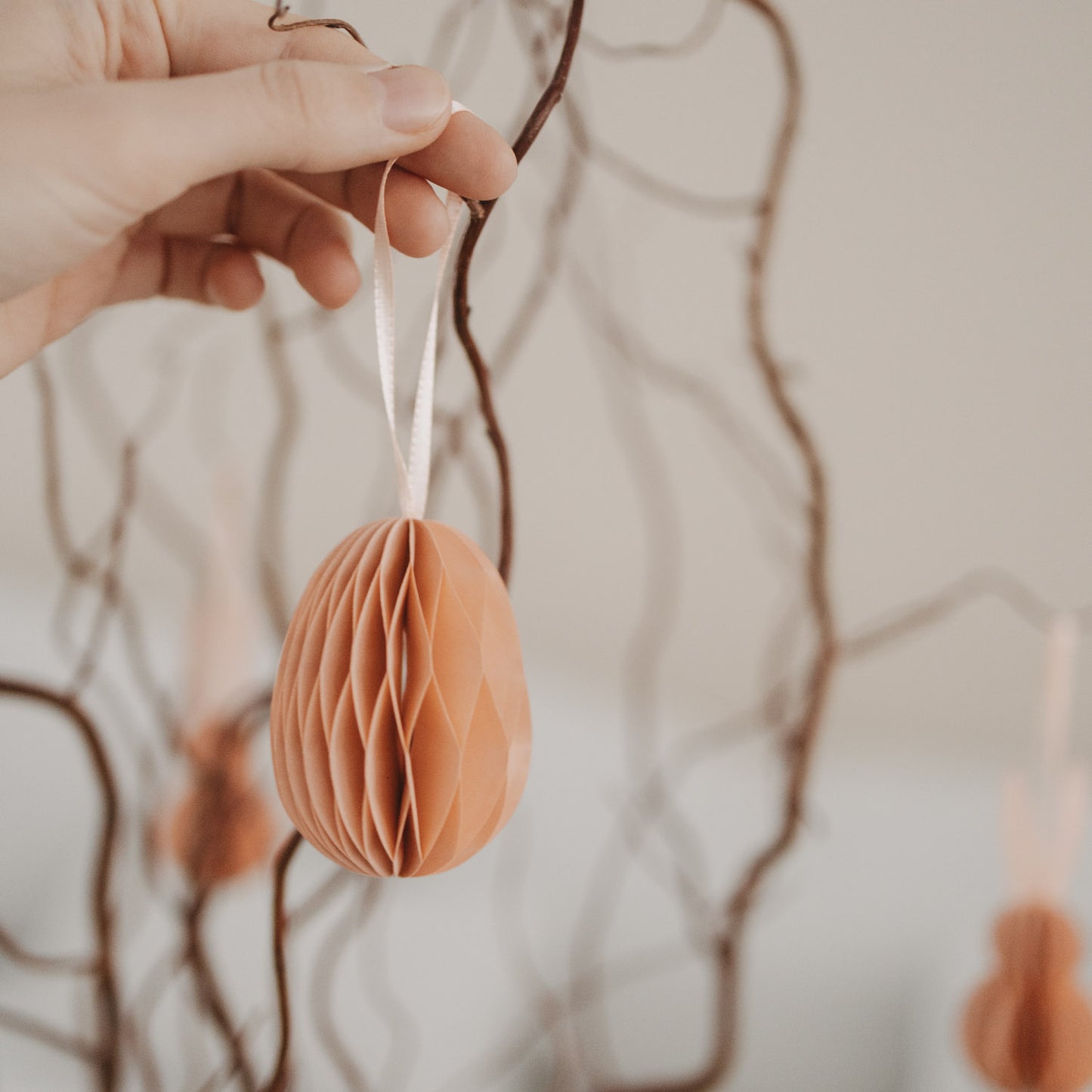 Peachfarbener Papieranhänger in Ei-Form wird an Zweig gehalten.