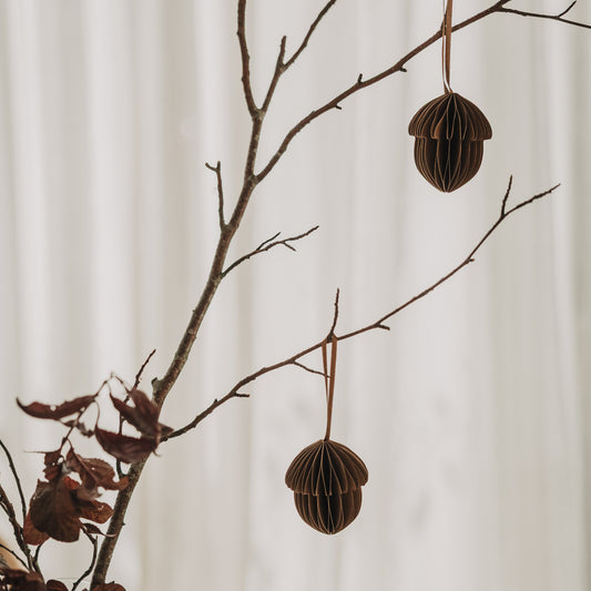 Zwei braune Papieranhänger in Eichelform als herbstliche Dekoration am Zweig