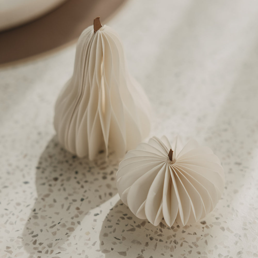 Weißer Papierkürbis und Papierkürbis in Birnenform als dekoratives Herbst-Set