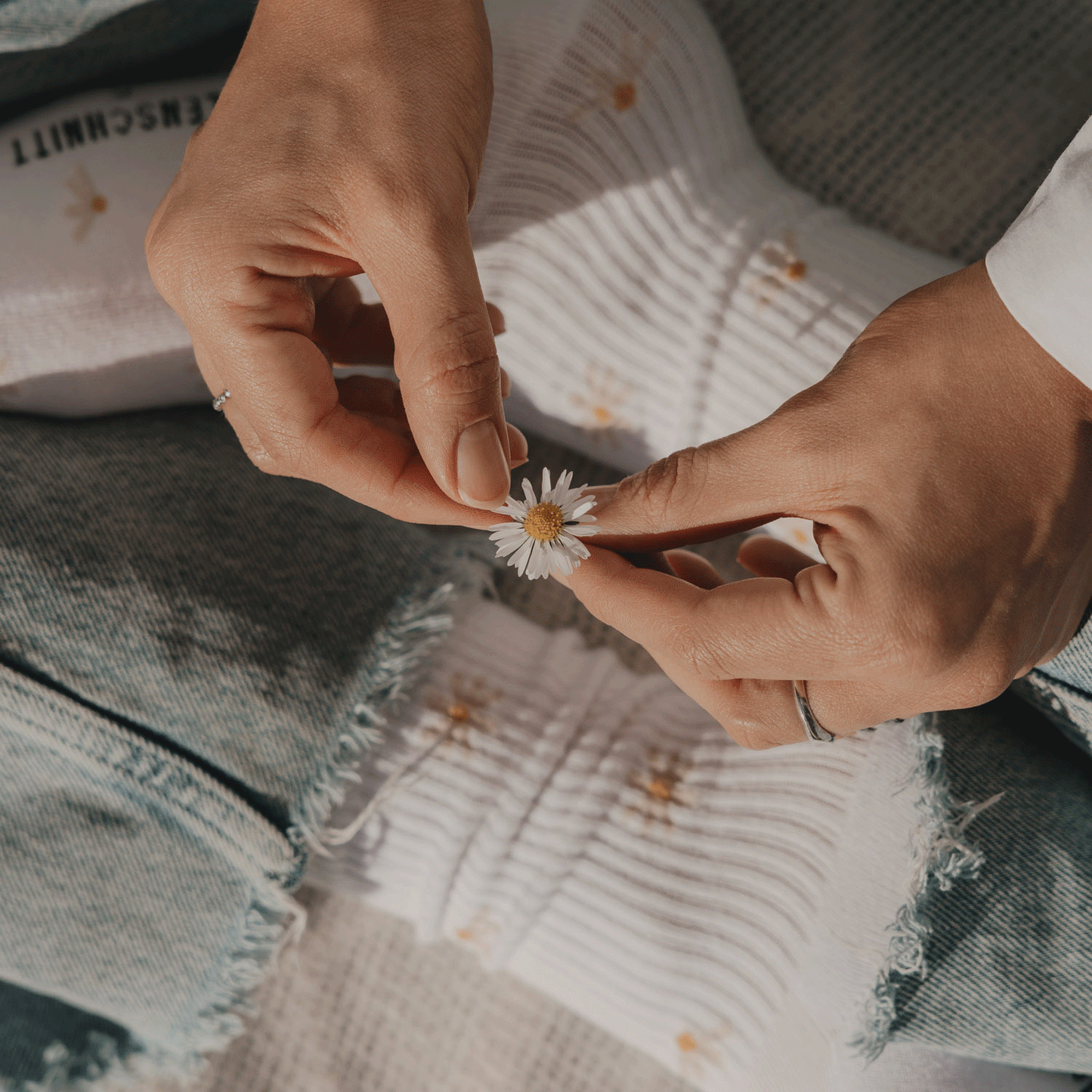 Weiße Socken mit Daisy-Muster lässig getragen zu Jeans auf gemütlicher Oberfläche, bewegte Bilderreihe