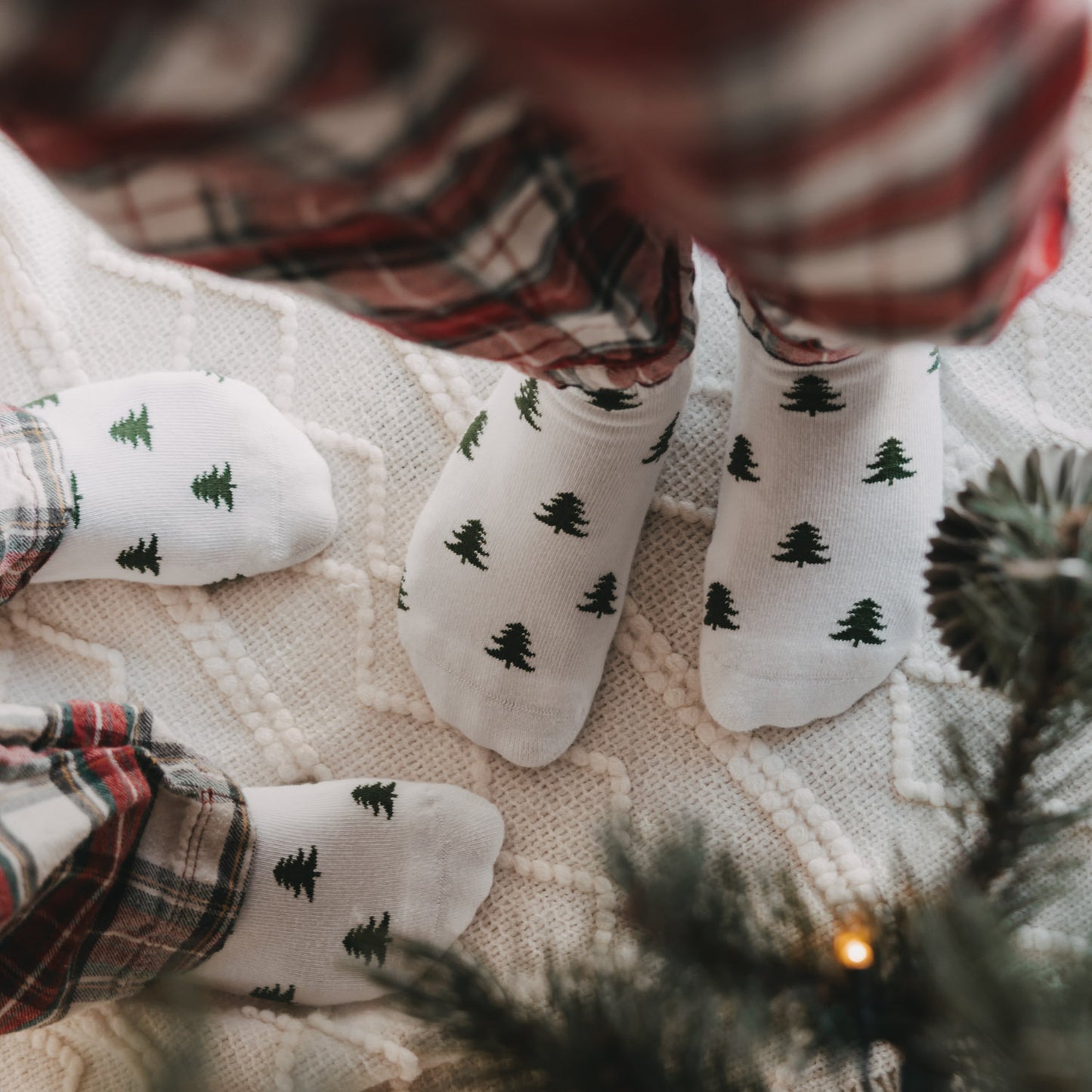 Nahaufnahme weißer Kids Socken mit grünen Tannen von Eulenschnitt