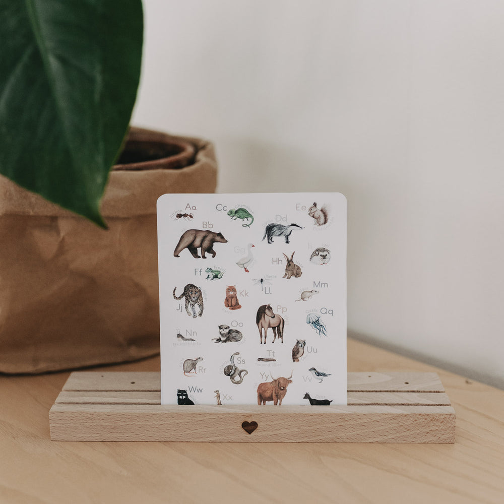 Übersichtskarte des Tieralphabets im Holzständer vor Pflanze.