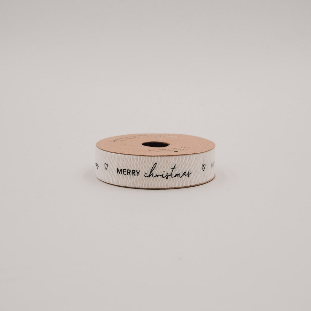 Geschenkband Merry Christmas auf Rolle aus braunem Karton, 5 m Baumwollband