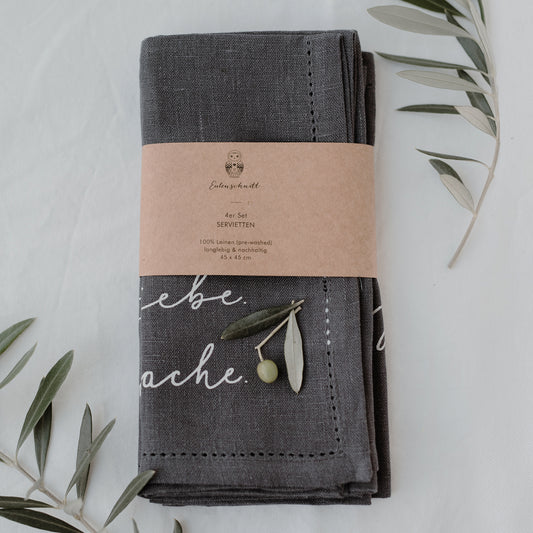 Serviettes en lin Liebe Lebe Lache en lot de 4